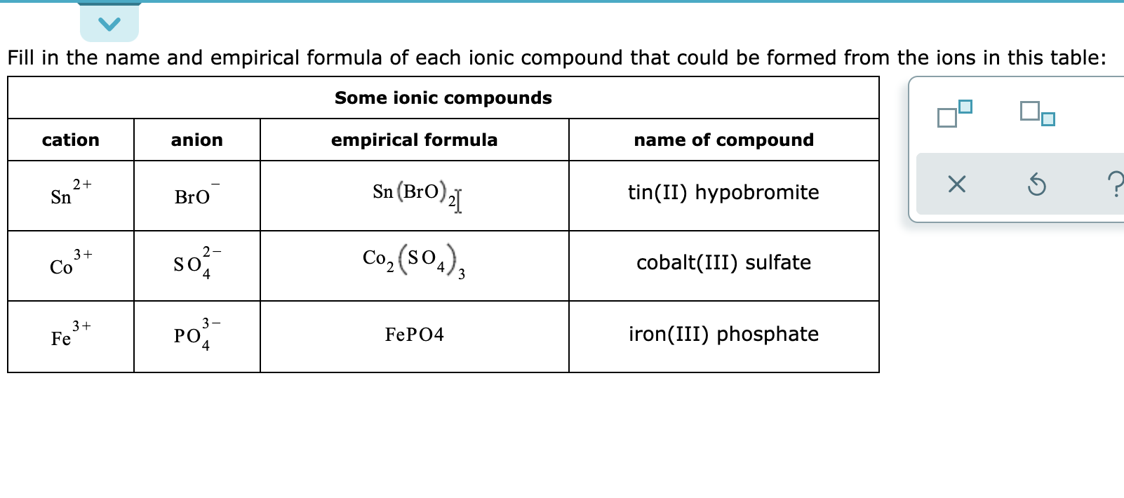 Solved Fill In The Name And Empirical Formula Of Each Ionic Chegg