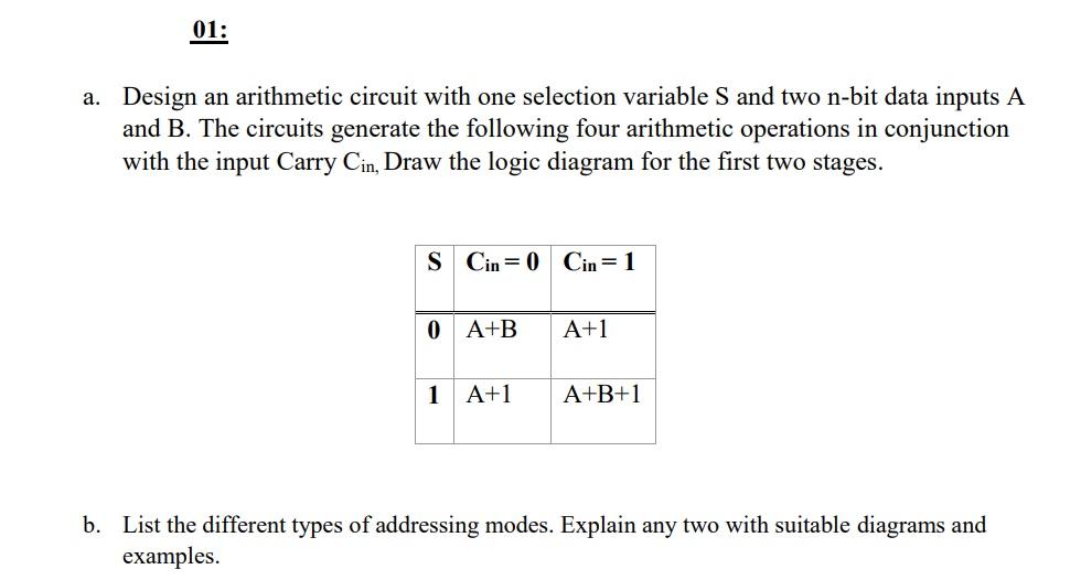 Solved 01 A Design An Arithmetic Circuit With One Chegg