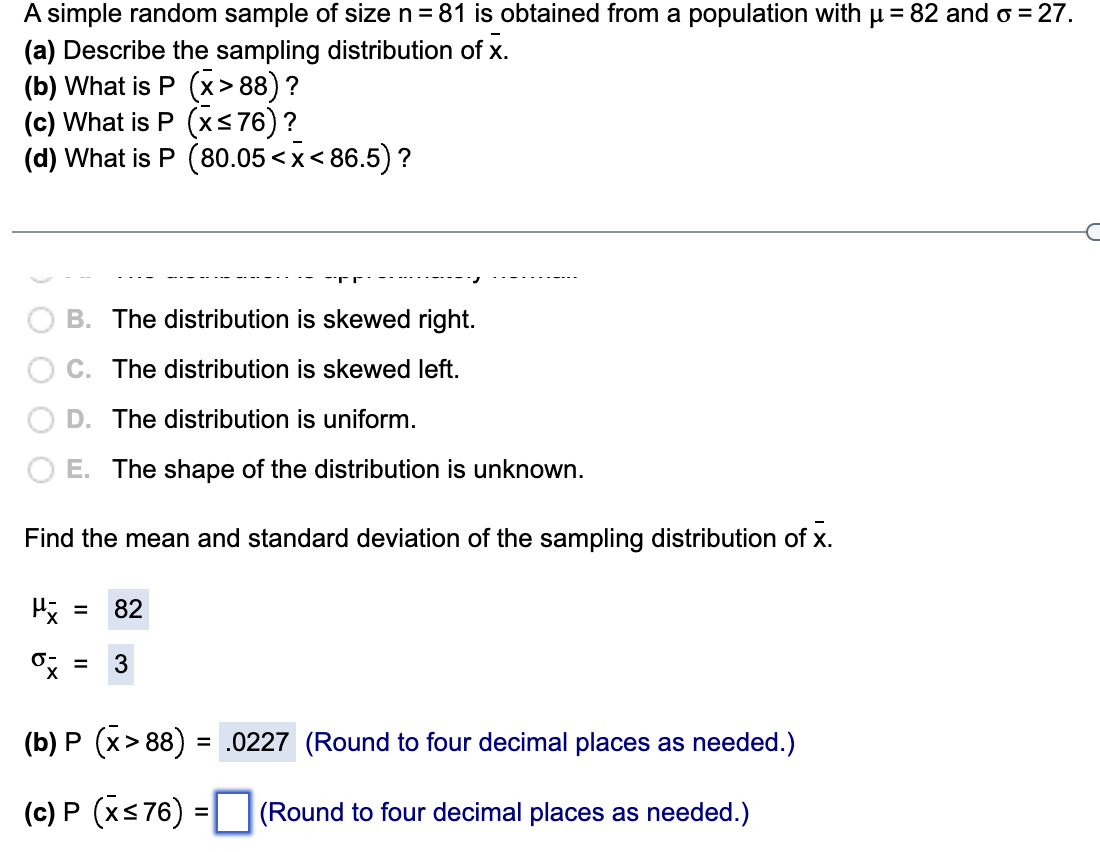 Solved A Simple Random Sample Of Size N 81 Is Obtained From Chegg