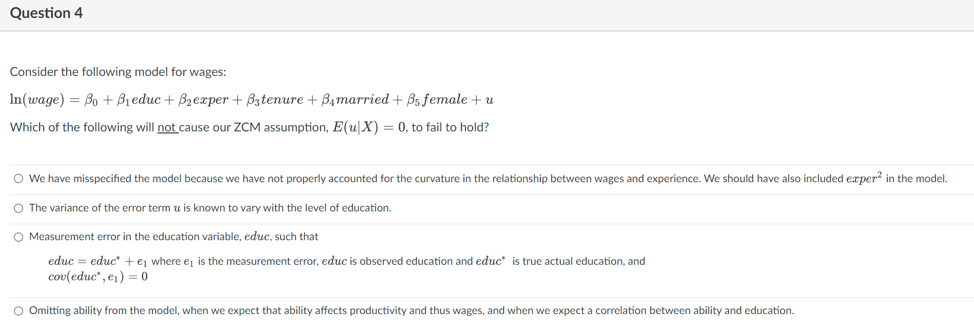 Solved Consider The Following Model For Wages Chegg