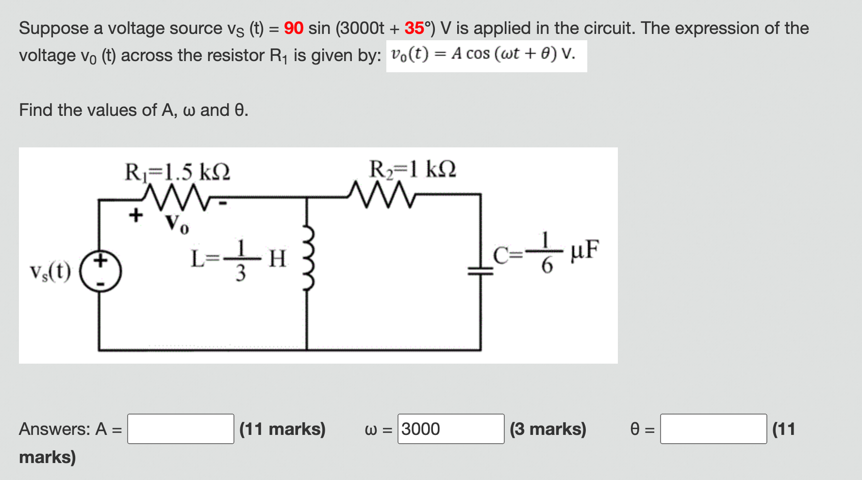 Solved Suppose A Voltage Source VS T 90sin 3000t 35 V Is Chegg