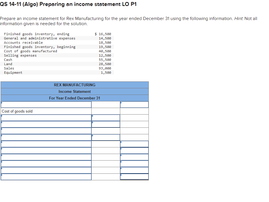 Solved QS 14 11 Algo Preparing An Income Statement LO P1 Chegg