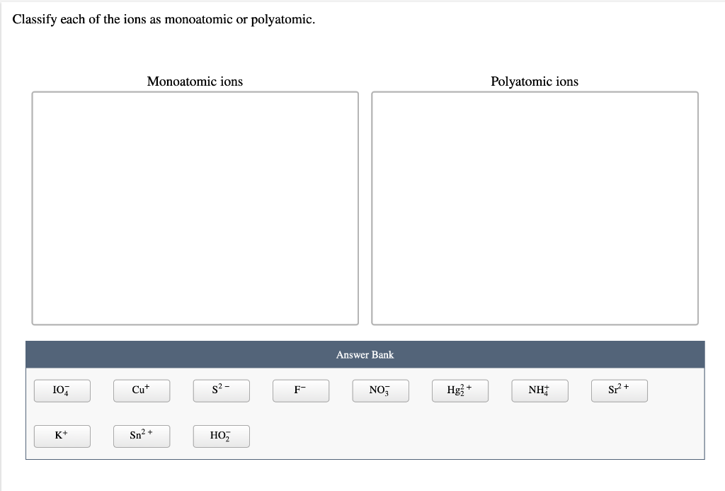 Solved Classify Each Of The Ions As Monoatomic Or Chegg