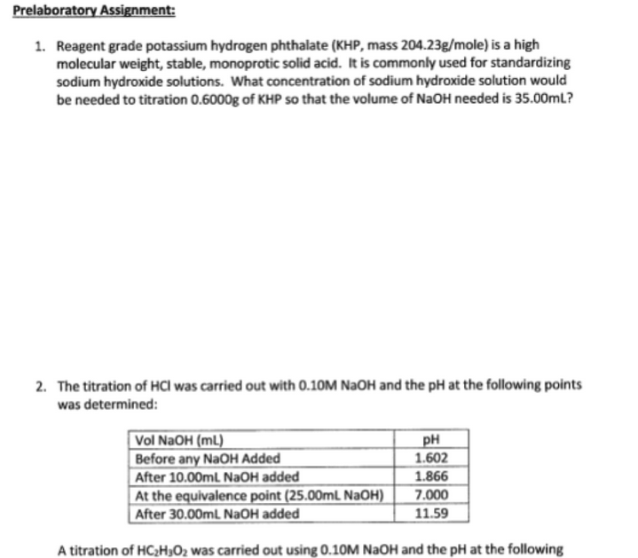 Solved 1 Reagent Grade Potassium Hydrogen Phthalate KHP Chegg