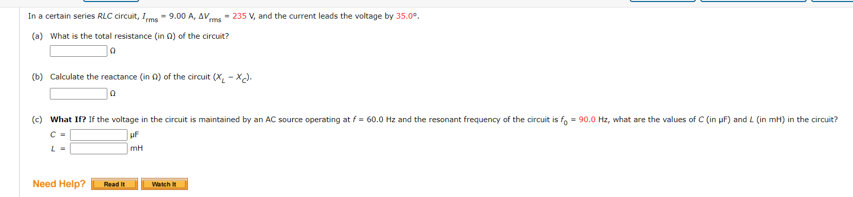 Solved In A Certain Series Rlc Circuit Irms A Arms Chegg