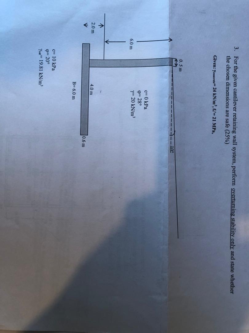 Solved 3 For The Given Cantilever Retaining Wall System Chegg