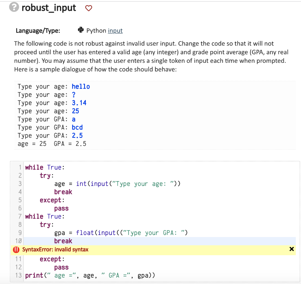 Solved Robust Input Language Type Python Input The Chegg