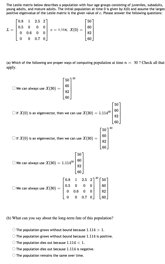 Solved The Leslie Matrix Below Describes A Population With Chegg