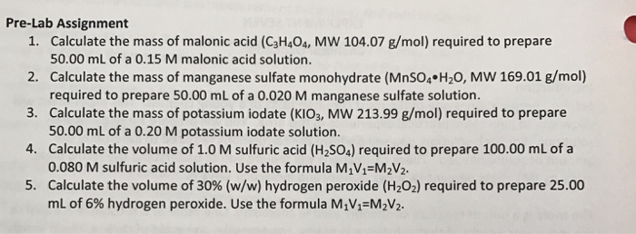 Solved Pre Lab Assignment Calculate The Mass Of Malonic Chegg