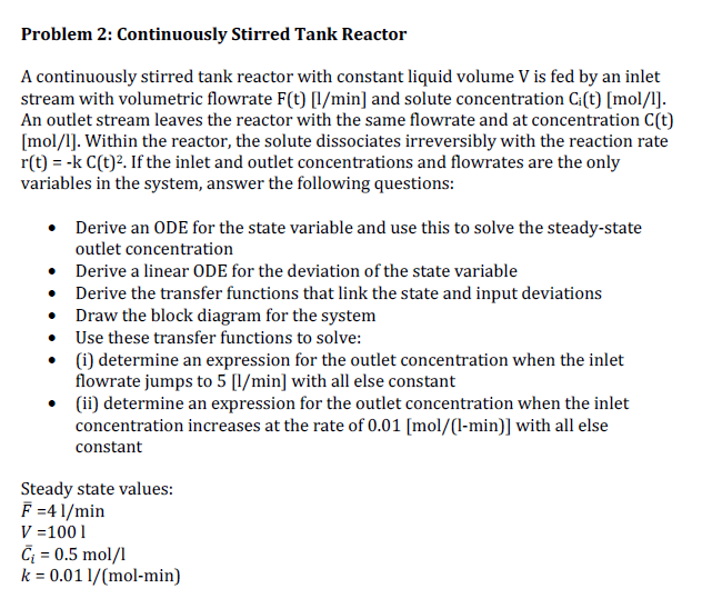 Solved Problem 2 Continuously Stirred Tank Reactor A Chegg