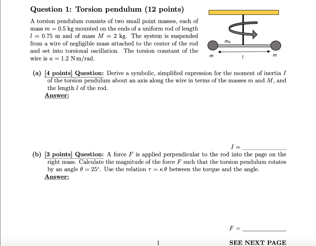 Solved Question 1 Torsion Pendulum 12 Points A Torsion Chegg