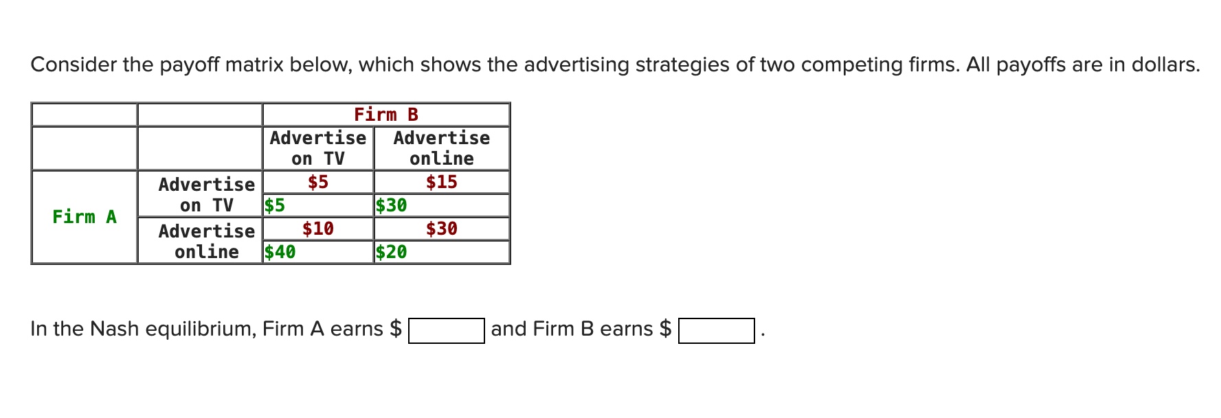 Solved Consider The Payoff Matrix Below Which Shows The Chegg