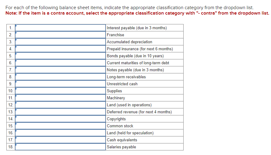 Solved For Each Of The Following Balance Sheet Items Chegg