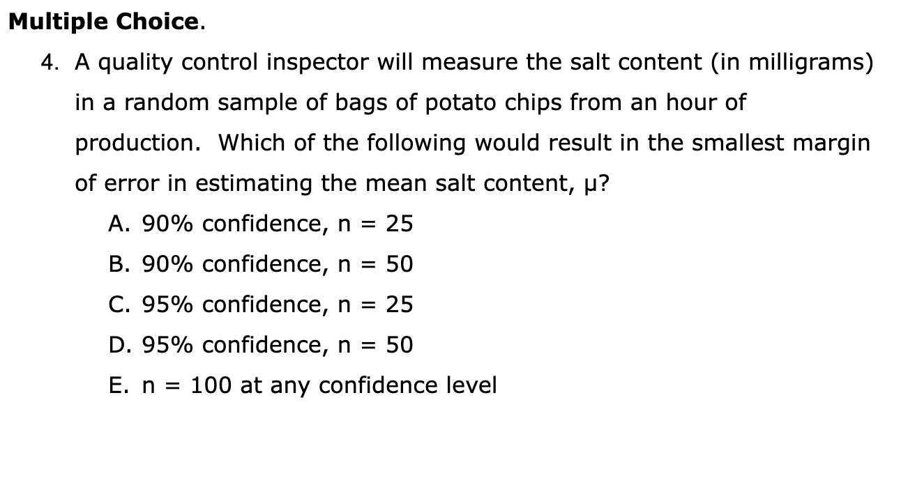 Solved Multiple Choice 4 A Quality Control Inspector Will Chegg