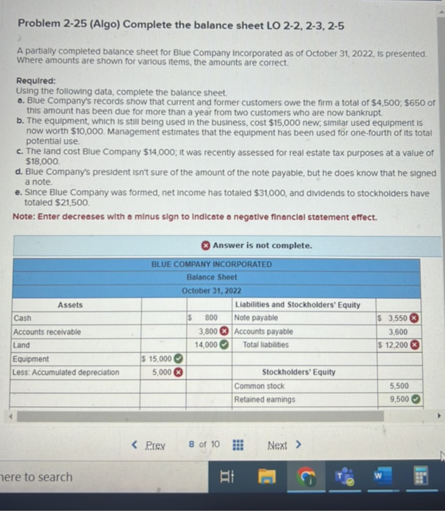 Problem 2 25 Algo Complete The Balance Sheet LO Chegg