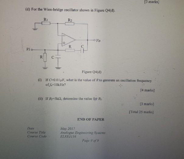 Solved Marks D For The Wien Bridge Oscillator Shown In Chegg