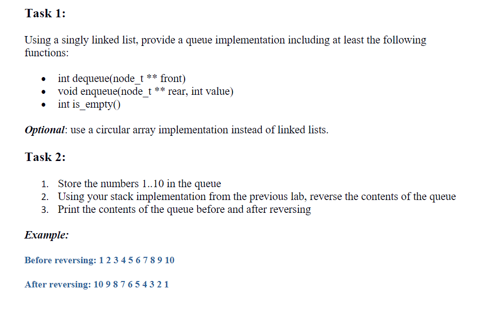 Solved Task 1 Using Singly Linked List Provide Queue Implementation