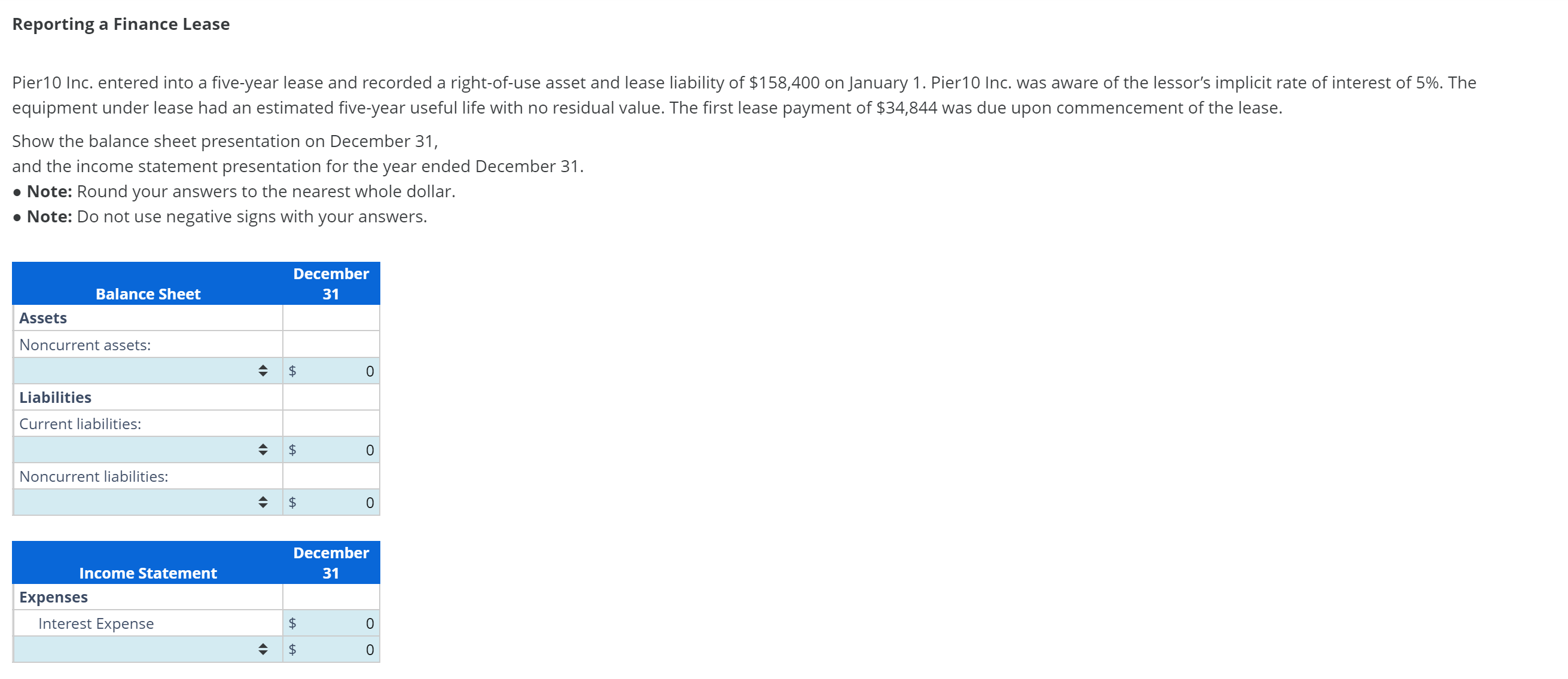 Solved Reporting A Finance Lease Equipment Under Lease Had Chegg