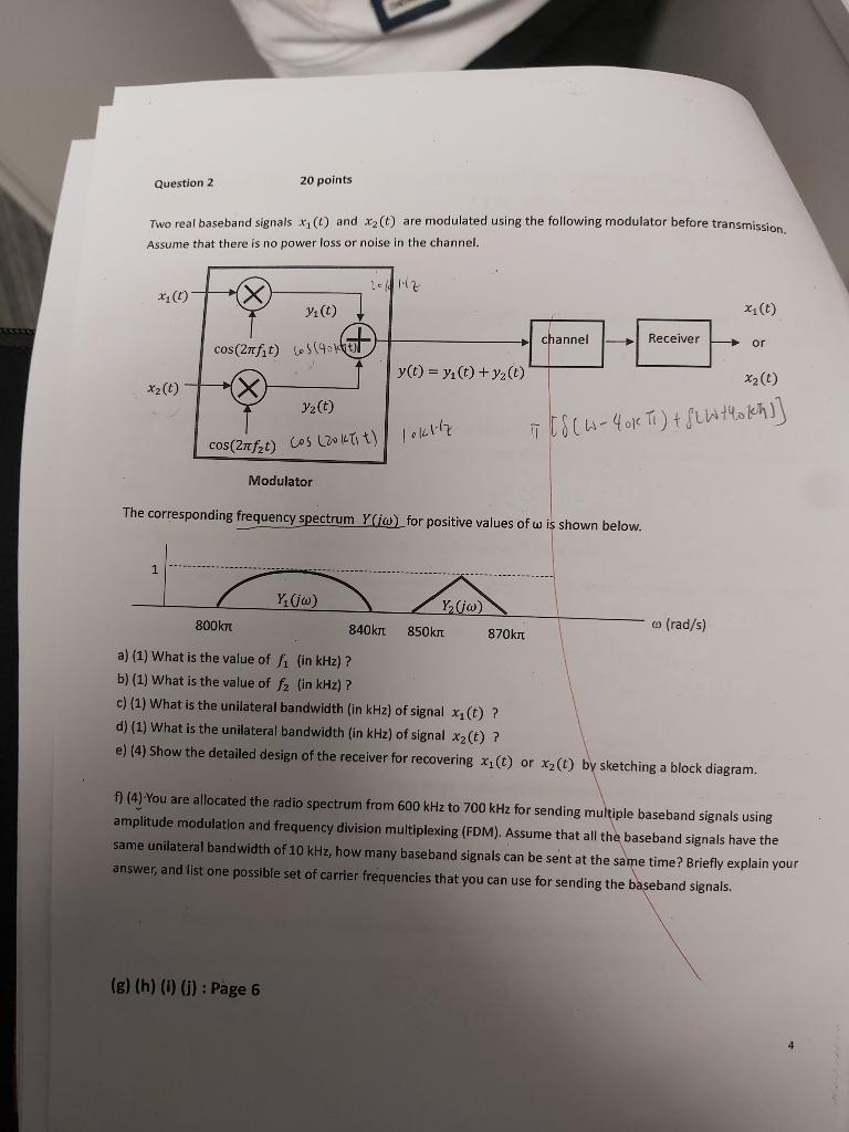 Solved Two Real Baseband Signals X1 T And X2 T Are Chegg