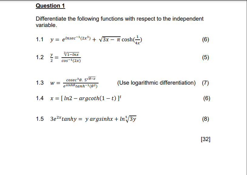 Solved Question Differentiate The Following Functions With Chegg