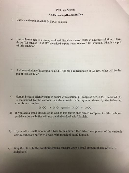 Solved Acids Bases PH And Buffers 1 Calculate The PH Of Chegg