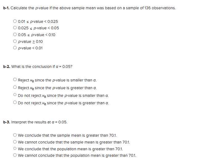 Solved Consider the following hypotheses Hθ μ70 1HA μ 70 1 Chegg