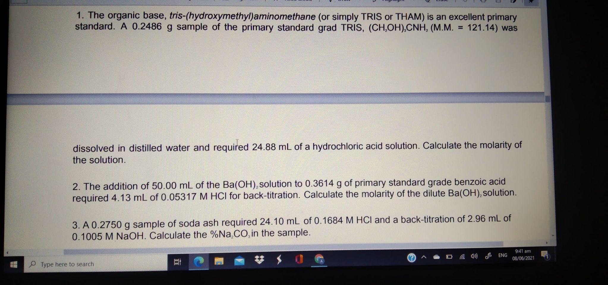 Solved 1 The Organic Base Tris Hydroxymethyl Aminomethane Chegg