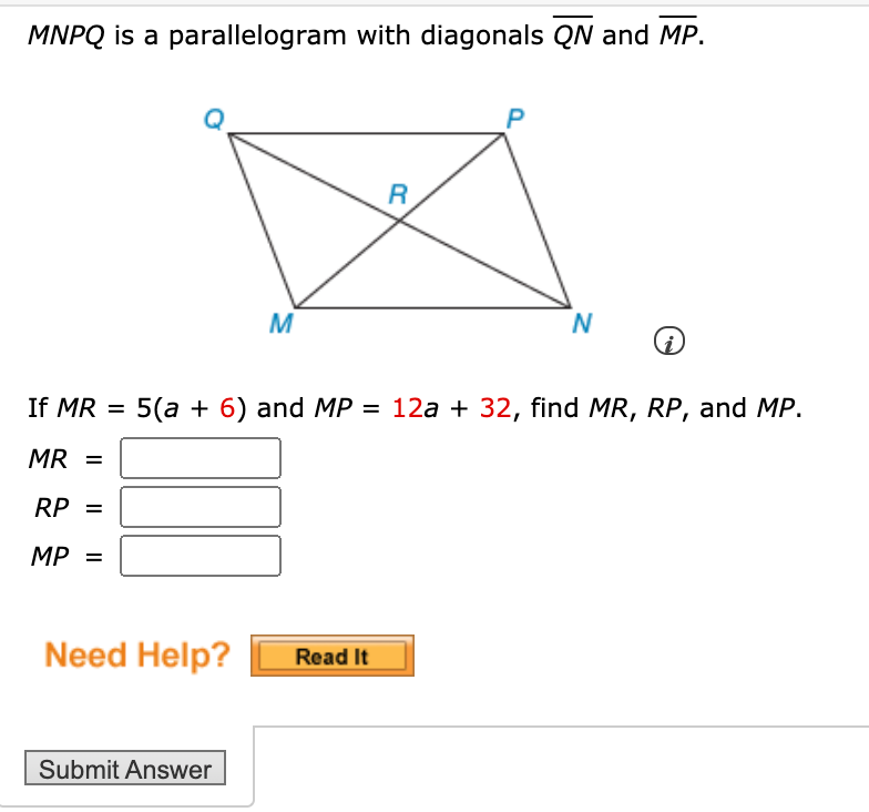 Solved Mnpq Is A Parallelogram With Diagonals Qn And Mp R M Chegg