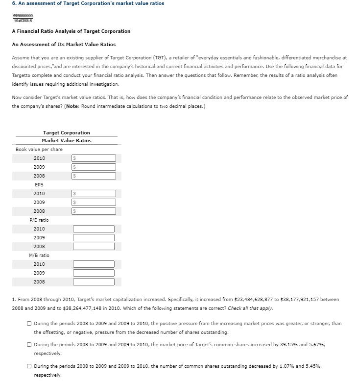 Solved 6 An Assessment Of Target Corporation S Market Value Chegg