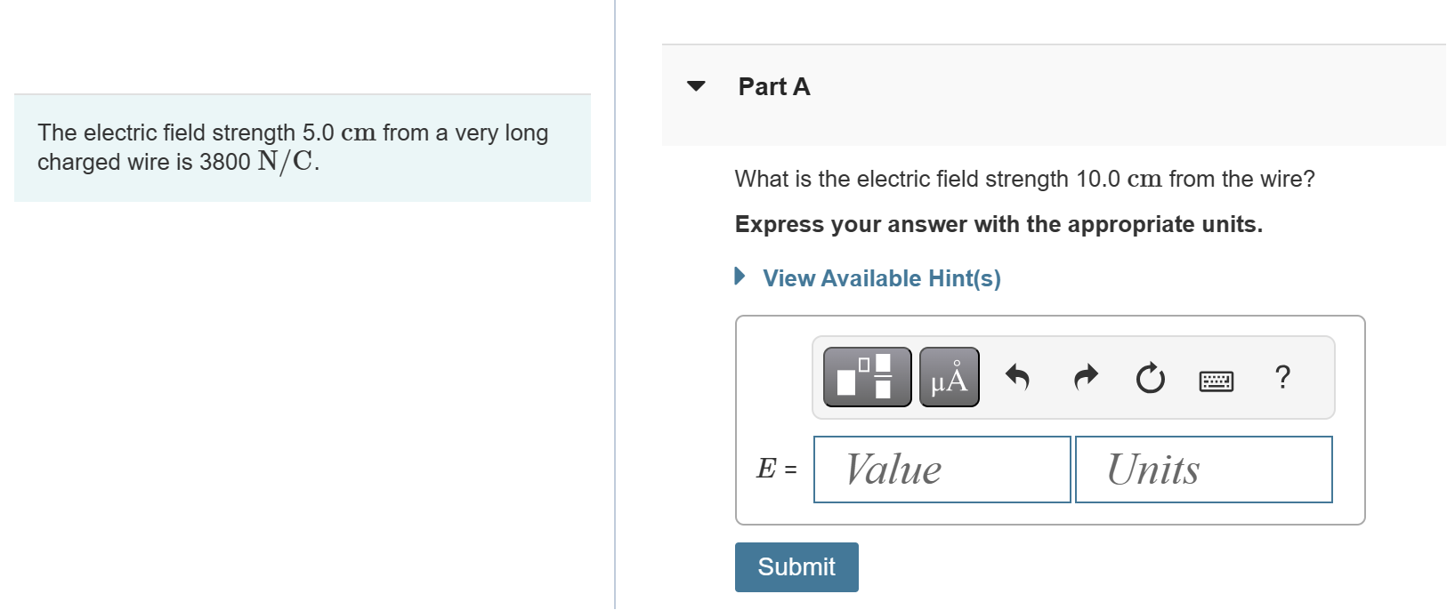 Solved Part Athe Electric Field Strength Cm From A Very Chegg