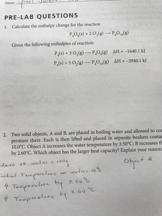 Solved Name Pre Lab Questions Calculate The Enthalpy Chegg