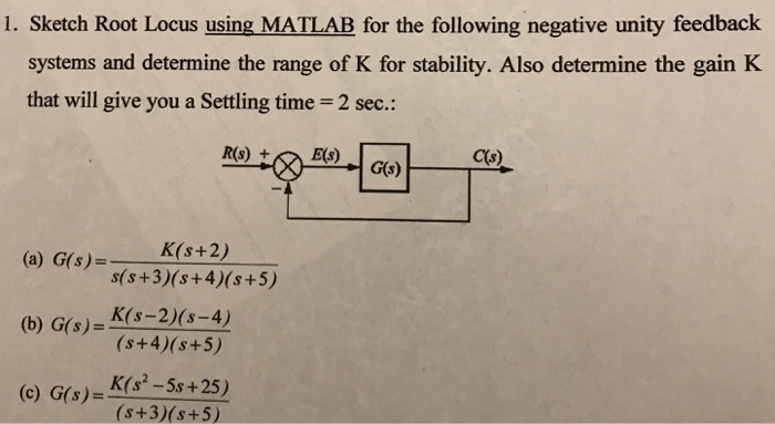 Solved Sketch Root Locus Using Matlab For The Following Chegg