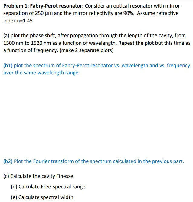 Problem Fabry Perot Resonator Consider An Optical Chegg