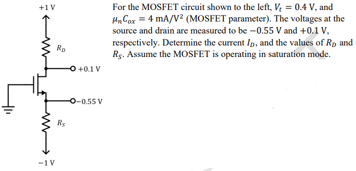 Solved For The Mosfet Circuit Shown To The Left Vt V Chegg