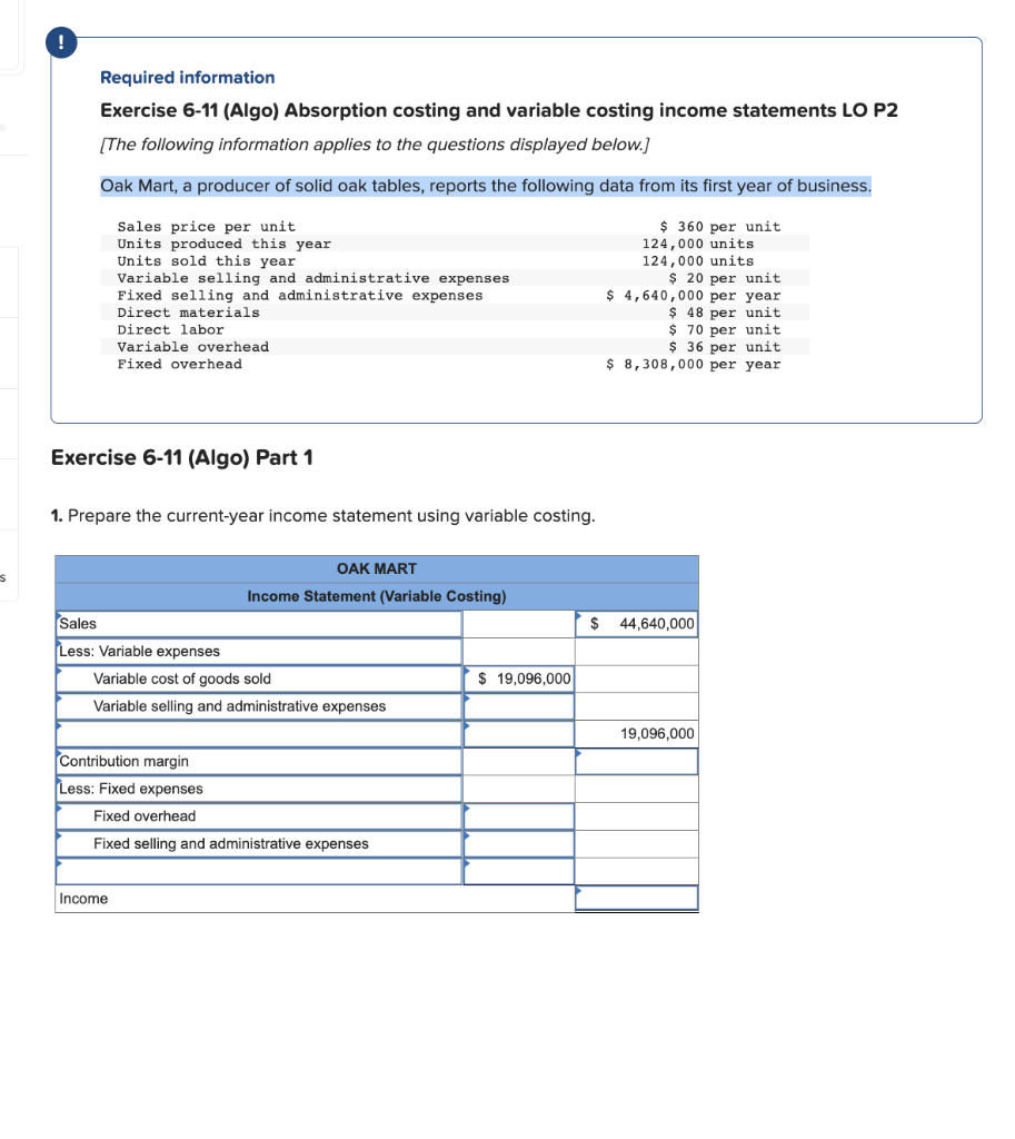 Solved Exercise Algo Absorption Costing And Variable Chegg