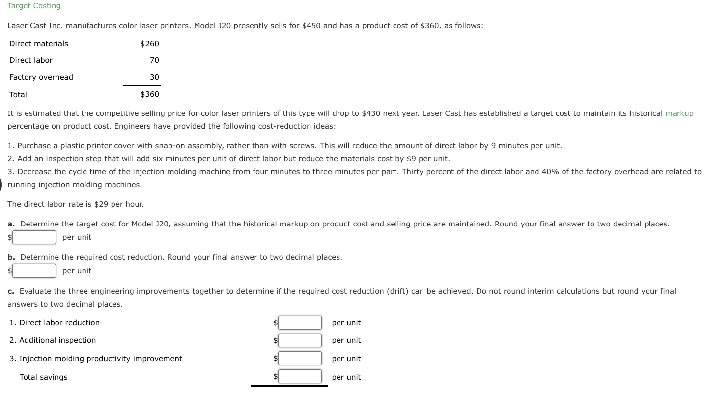 Target Costing Laser Cast Inc Manufactures Color Chegg
