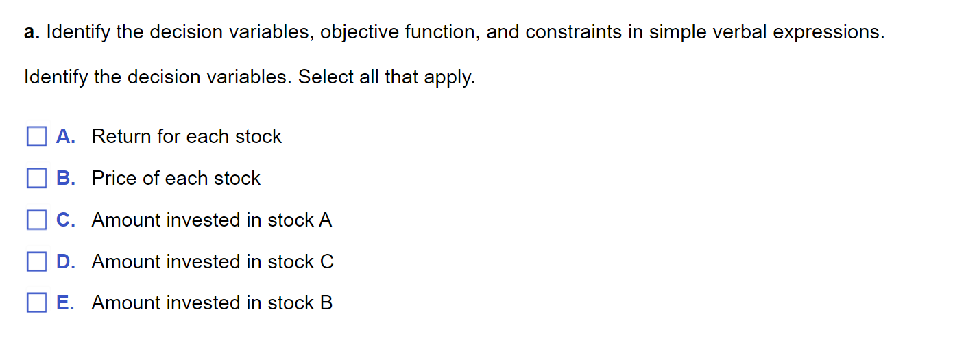 Solved Begin Tabular Lccc Hline Stock A B C Chegg