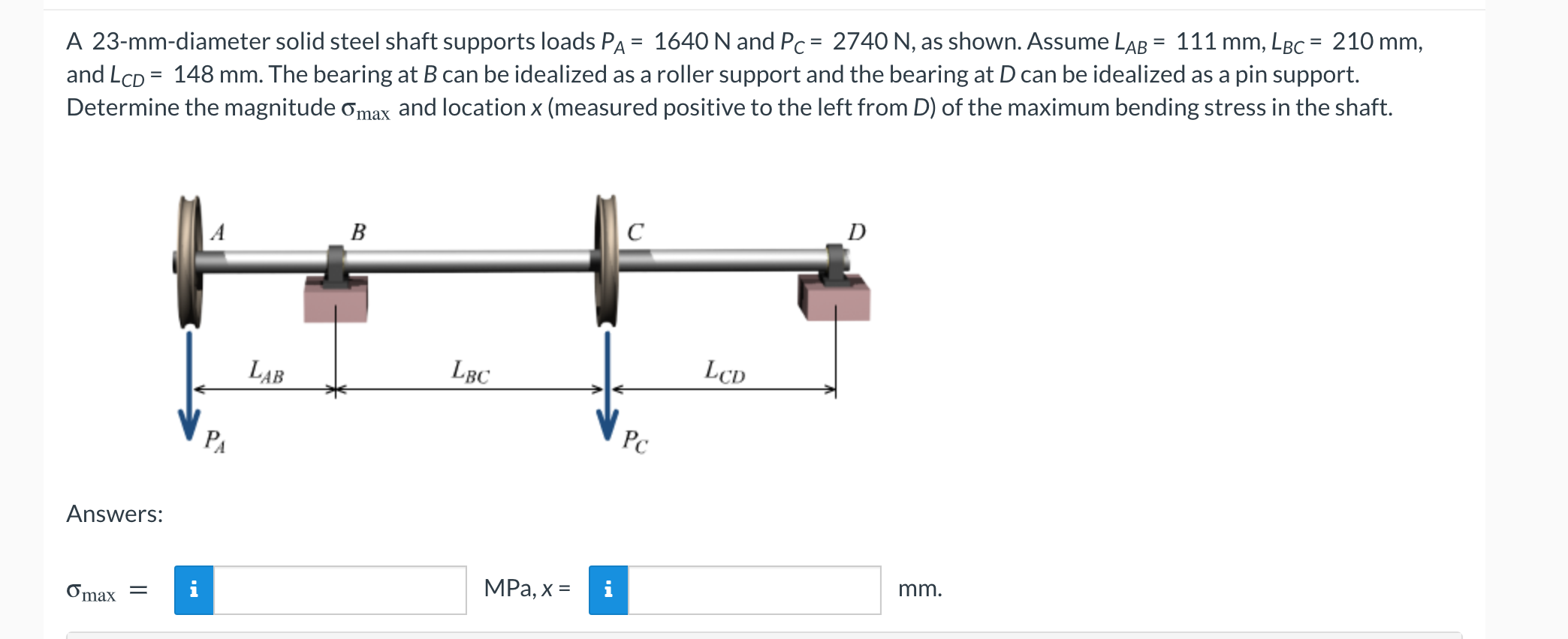 Solved A Mm Diameter Solid Steel Shaft Supports Loads Chegg