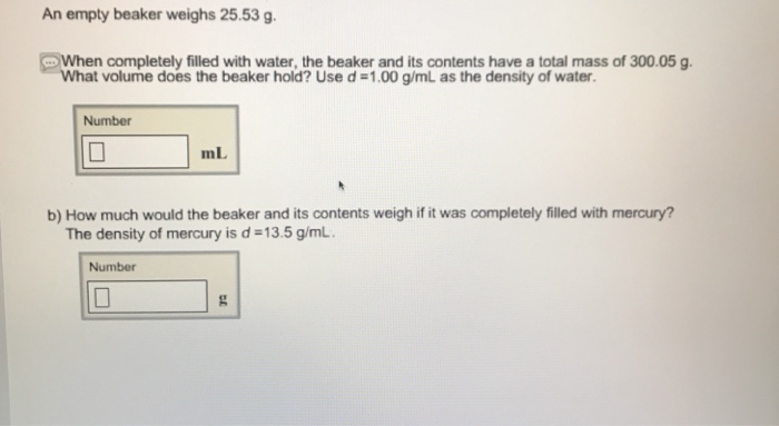 Solved An Empty Beaker Weighs 25 53 G Completely Filled With Chegg