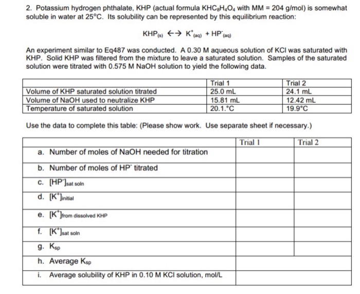 Solved Potassium Hydrogen Phthalate KHP Actual Formula Chegg