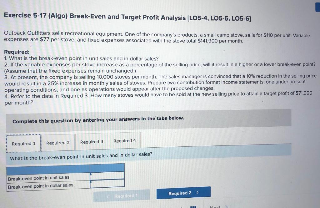 Solved Exercise 5 17 Algo Break Even And Target Profit Chegg