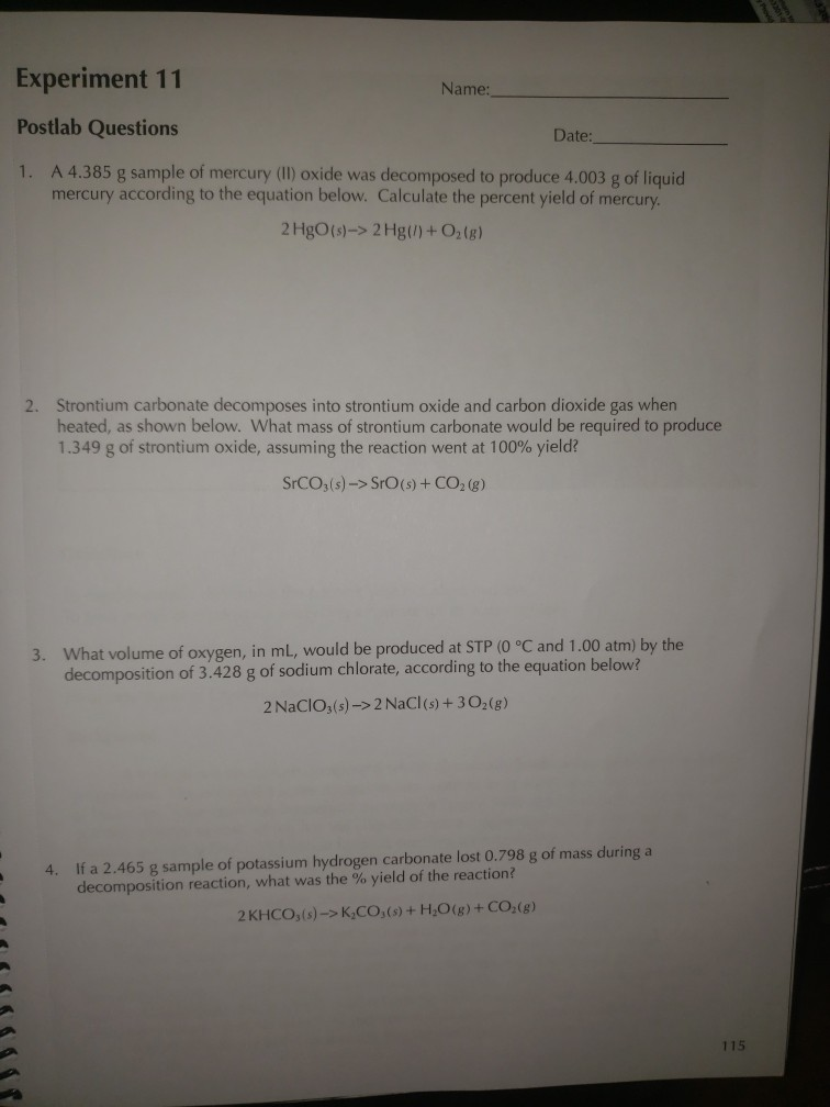 Solved Name Experiment 11 Postlab Questions Date 1 A Chegg