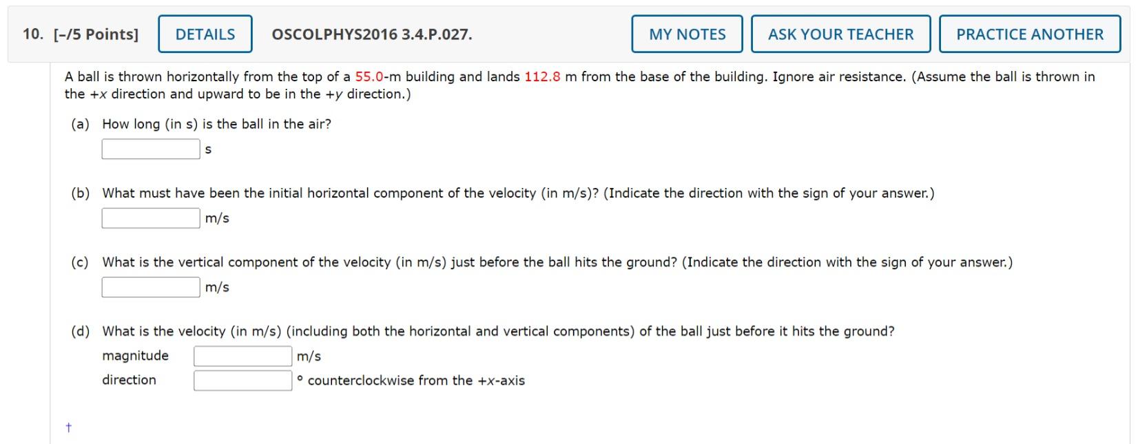 Solved A Ball Is Thrown Horizontally From The Top Of A