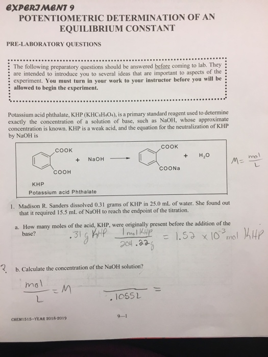 Solved Potentiometric Determination Of An Equilibrium Chegg