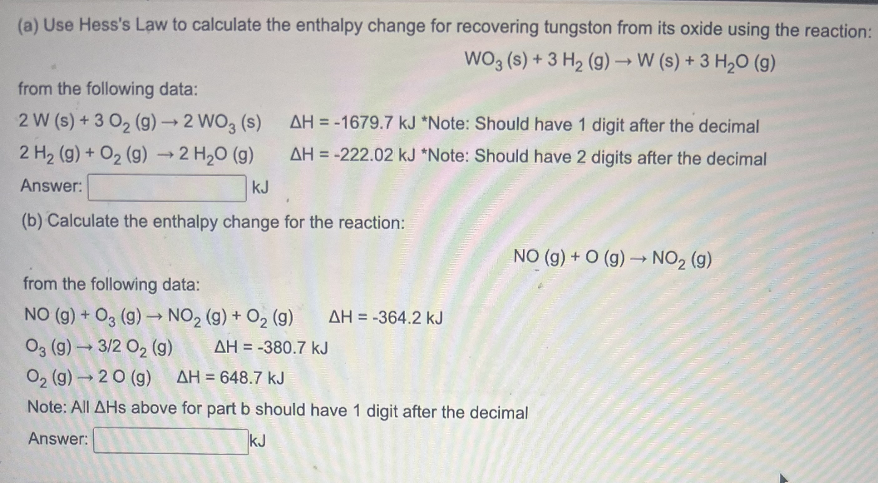 Solved A Use Hess S Law To Calculate The Enthalpy Change Chegg