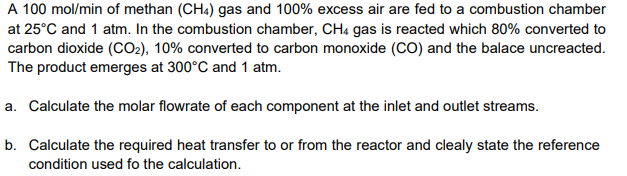 Solved A 100 Mol Min Of Methan CH Gas And 100 Excess Air Chegg