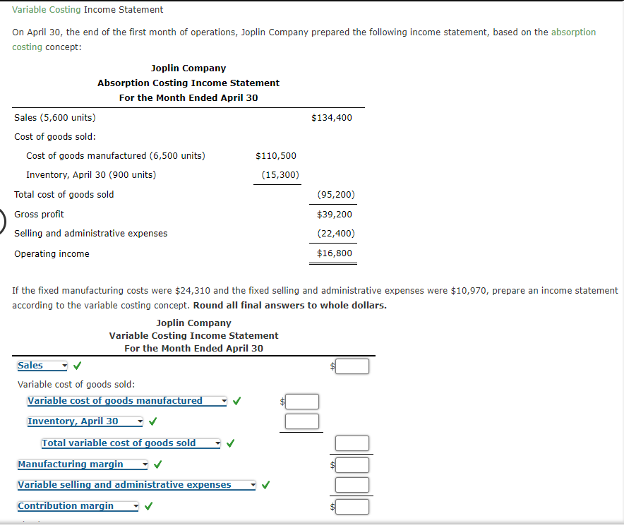 Solved Variable Costing Income Statement On April The Chegg