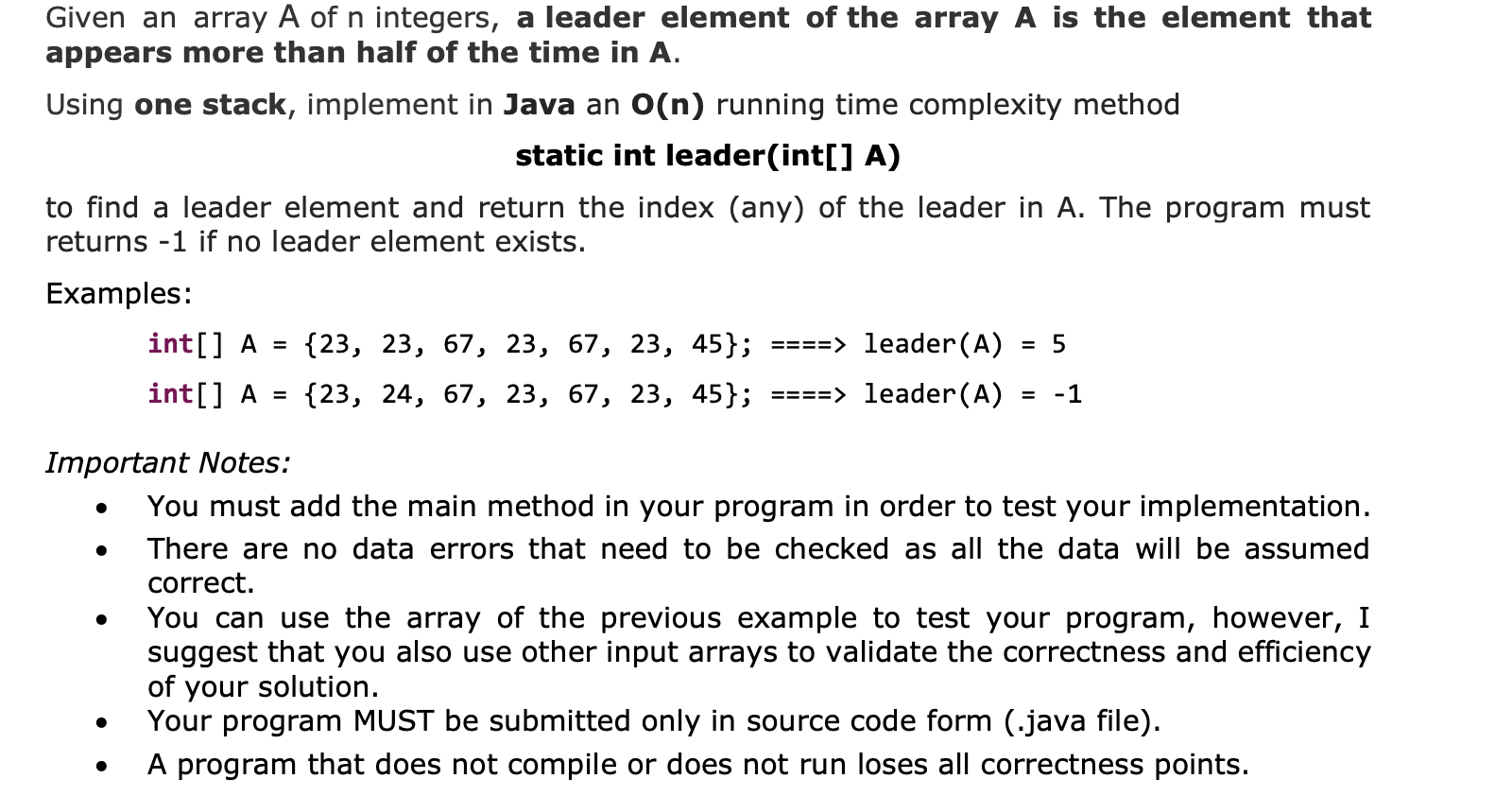 Solved Given An Array A Of N Integers A Leader Element Of Chegg