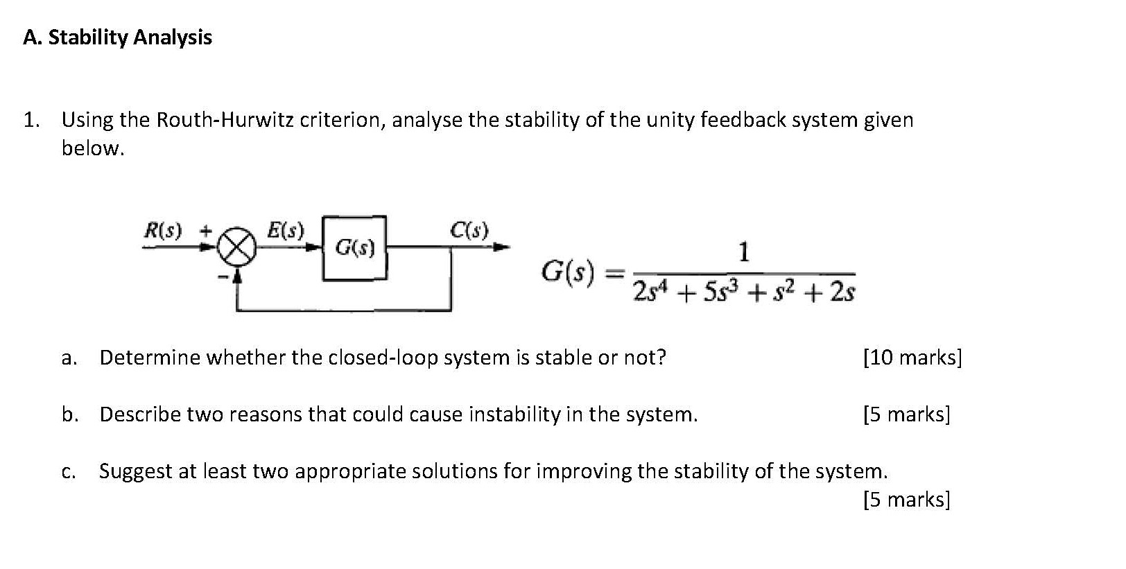 Solved A Stability Analysis 1 Using The Routh Hurwitz Chegg