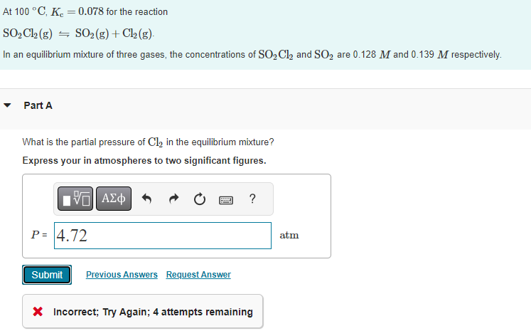 Solved At 100C Kc 0 078 For The Reaction SO2Cl2 G SO2 Chegg